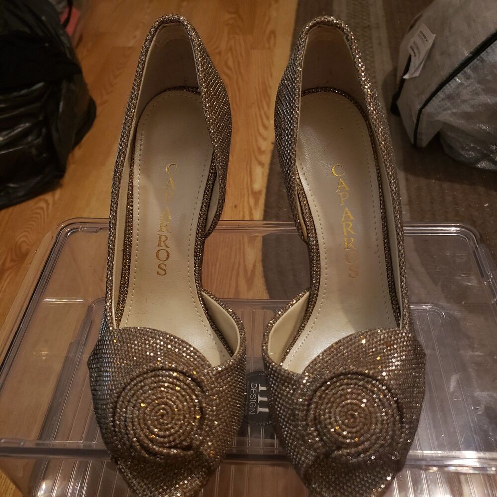 NWOB Caparros Ladies Mesh Champagne Sparkle Baldwin Formal Peep Toe Heels Sz 6
